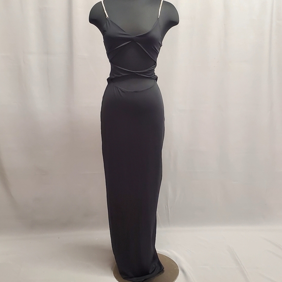 Black Evening Long Dress Rhinestones Spaguetti Straps Cut out Long Size Medium - Picture 2 of 14